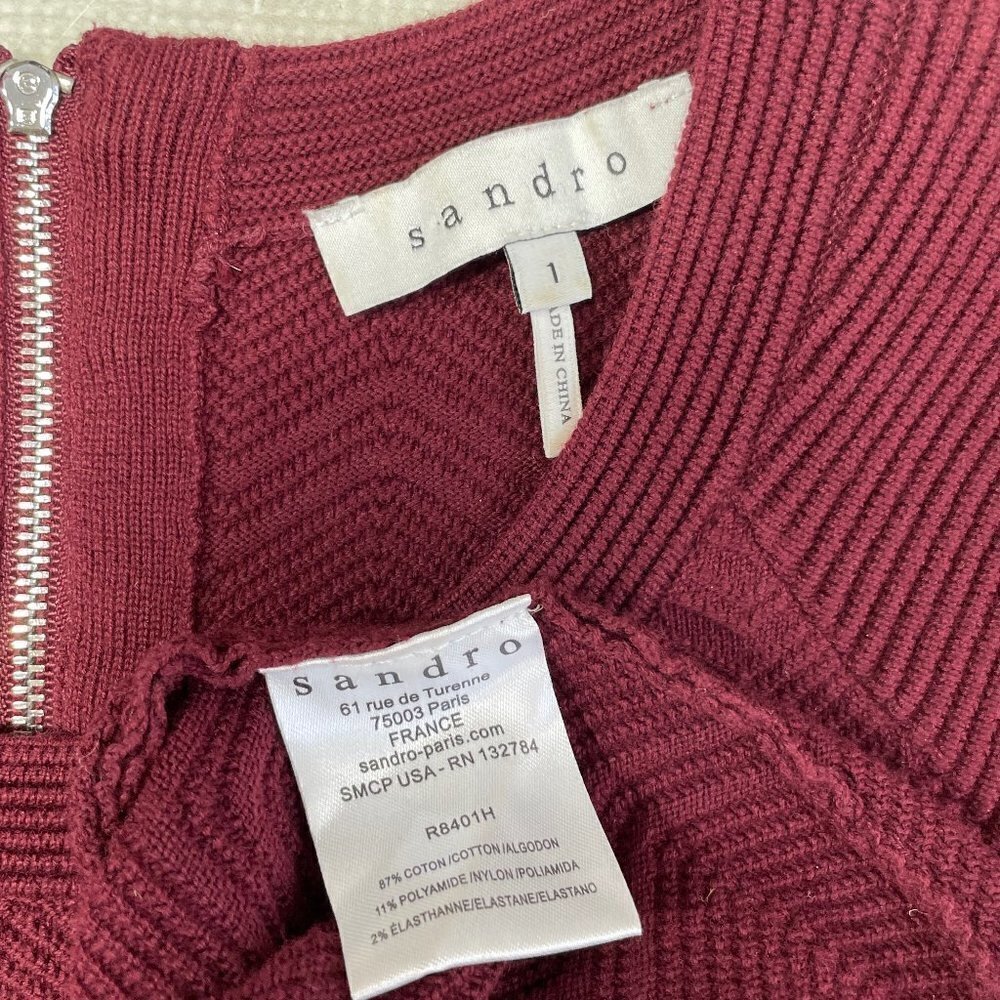 Sandro Paris Dress Peplum Knit Burgundy Red Chevron Long Sleeves Size 2 4 - Picture 9 of 15